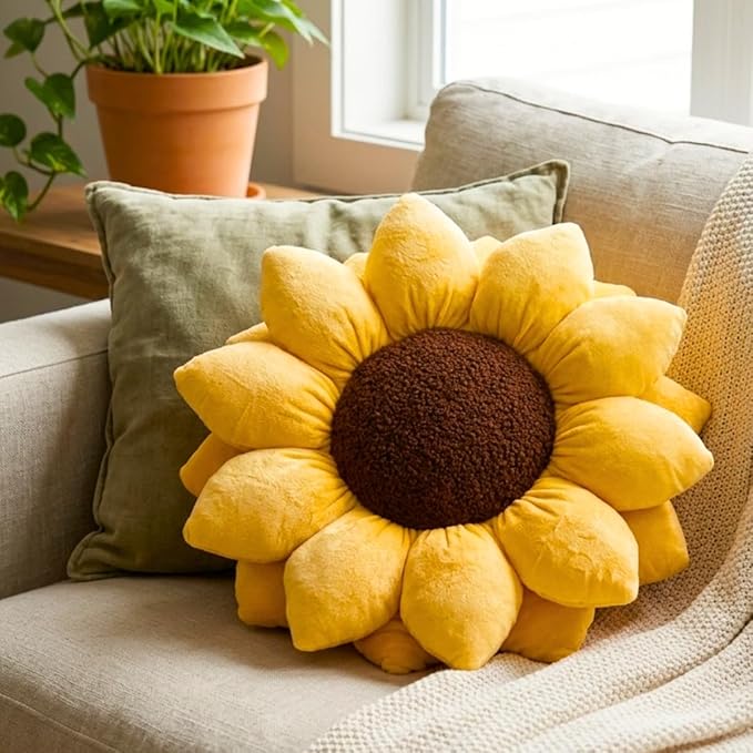 Green Philosophy Co. 3D Sunflower™ Shaped Decorative Throw Pillow - Soft Plush Cushion for Bed and Couch, Cute Boho & Cottagecore Home Decor Accent, Golden Yellow, 20 Inches