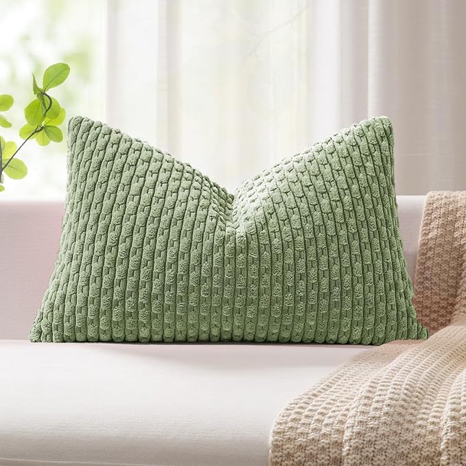 Kevin Textile Spring 14x22 Inch Pillow Cover 1 Pack Boho Decorative Soft Striped Corduroy Lumbar Farmhouse Solid Color Accent Rectangle Cushion Case for Living Room Couch Sofa Bed, Sage Green