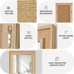 Rattan Full Length Mirror,24"x48" Long Rattan Wall Mirror,Wooden Mirror with Wicker Frame,Decorative Full Body Mirror Hanging,Farmhouse Rectangle Floor Mirror for Bathroom Living Dressing Room Nature