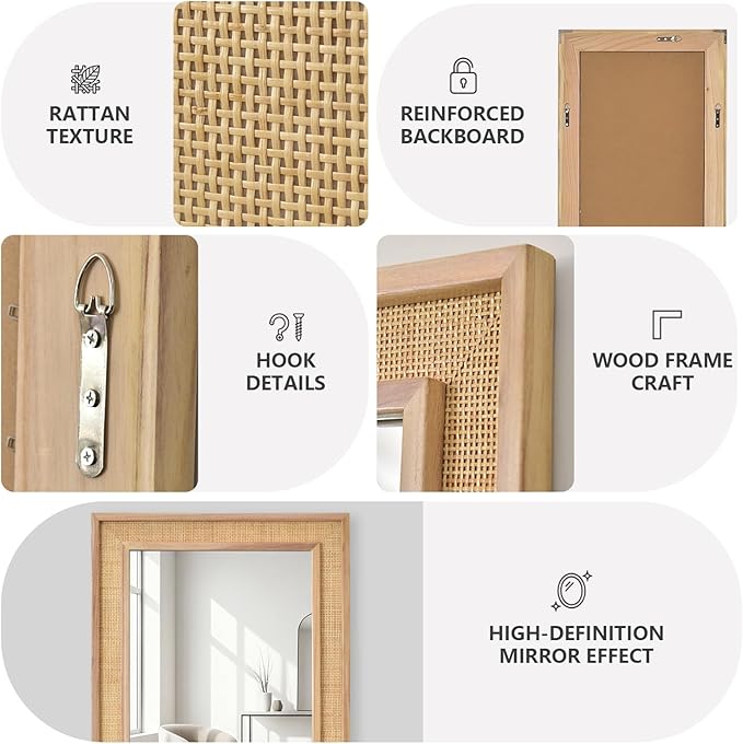 Rectangle Rattan Mirror, 24"x36" Rattan Wall Mirror for Bathroom, Large Farmhouse Wooden Mirror with Handmade Wicker Frame, Decorative Boho Mirror for Nursery Bedroom Living Room Entryway Nature