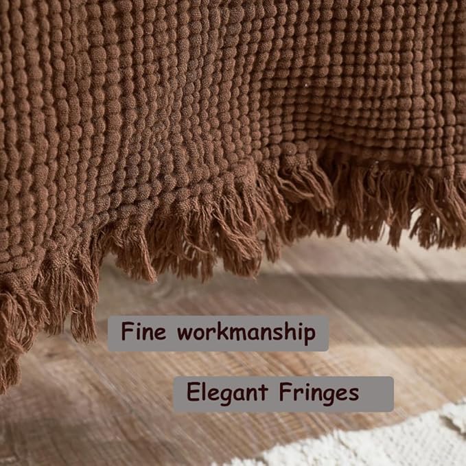 100% Cotton 4-Layer Muslin Blanket with Fringes, 50"x60", Brown Throw Blanket, Ultra-Soft Gauze Blanket, Boho Bedding for All Seasons, Breathable for Couch, Bed(Brown,Throw)