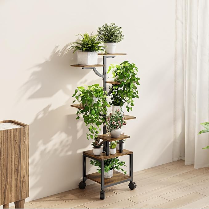 Plant Stand Indoor with Grow Lights - 7-Tier Plant Stand with Wheels, Tall Metal and Wood Indoor Plant Shelf with Tree Design, Rolling Flower Pot Holder Rack with Waterproof Finish, Adjustable Display Stand for Home Garden, Patio, 41" Tall