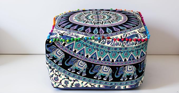 CRAFT KALA Indian Square Patchwork Traditional Pouf Cover Indian Living Room Poufs Cover Decorative Designer Ottoman Home Living Footstool Chair Ottoman Decor 22X22X14 inch, Green Deer Elephant