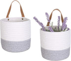 2pack Small Hanging Basket-Cotton Rope Wall Basket with Handle, Hanging Storage Baskets, Shelf Baskets Storage Bin Closet Organizer 6"×6.3", Woven Plant Basket - (White & Grey)