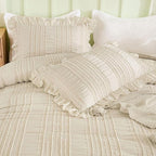 WONGS BEDDING Beige Textured Comforter Set King,3 Pieces Ruffle Farmhouse Shabby Chic Comforter for Queen Bed,Soft Seersucker Boho Bedding Set with 1 Ruffle Comforter,2 Tufted Pillowcases 104"×90"