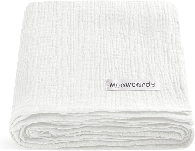 meowcards Muslin Swaddle Blankets for Baby, Unisex Baby Boys Girls Essentials, Large 47 x 47 inches, Boho Receiving Blankets Newborn Registry Must Haves (White, Simple)