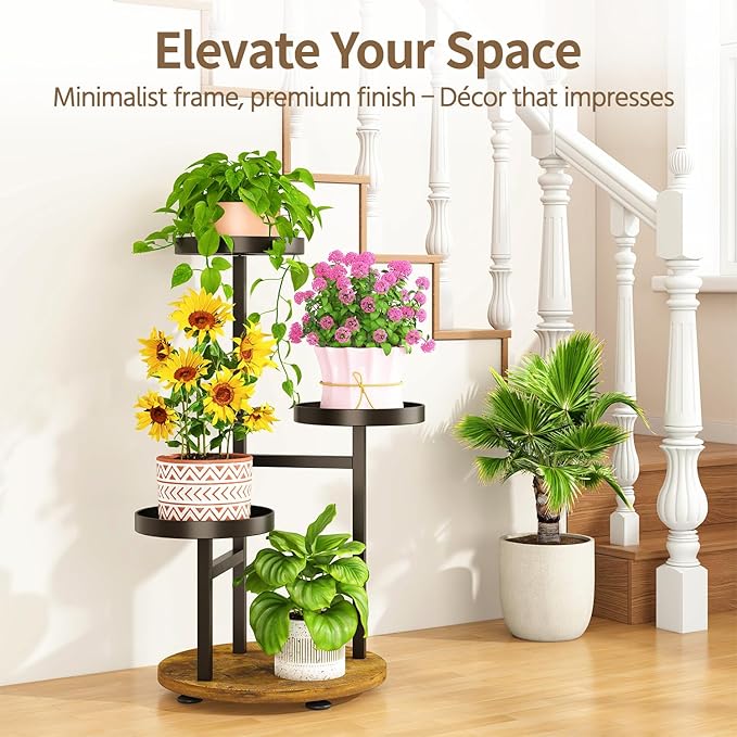 LASZOLA Black 3 Tier Tall Metal Plant Stand Indoor for Large Planter, Heavy Duty Wrought Iron Vertical Big Flower Rack, Sturdy Spiral Multiple High Organizer for Modern Patio House Bathroom Corner