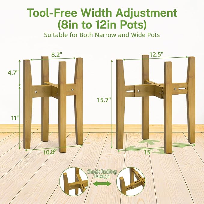 iDavosic.ly Adjustable Plant Pot Stand Indoor Outdoor, Mid Century Modern Bamboo Short Single Flower Holder Fits 8 to 12 Inch Large Heavy Duty Planter (Not Included) | Brown