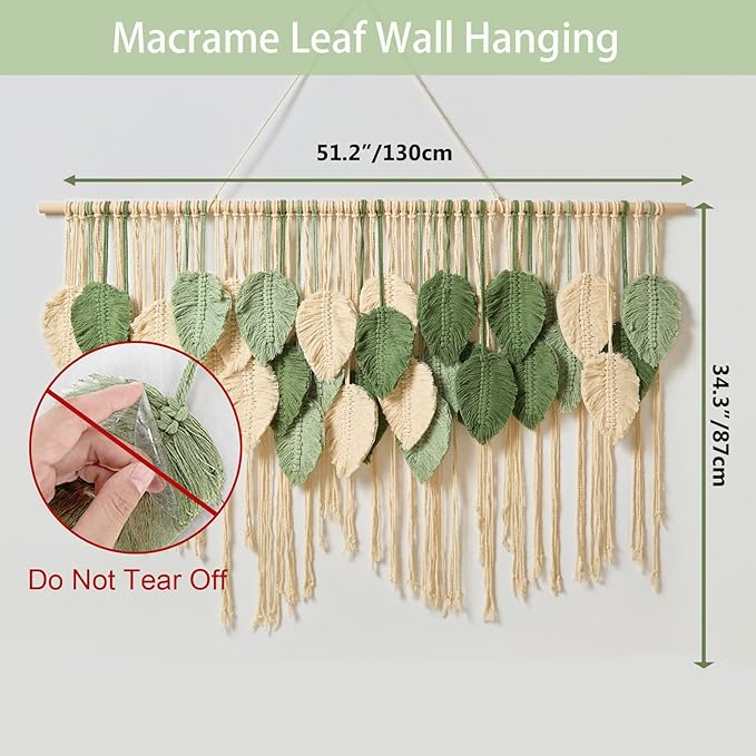 Macrame Wall Hanging Boho Wall Tapestry Handmade Woven Leaf Wall Decor Crochet Wall Art for Home Office Apartment (Green, 51.2" W x 34.3" L)