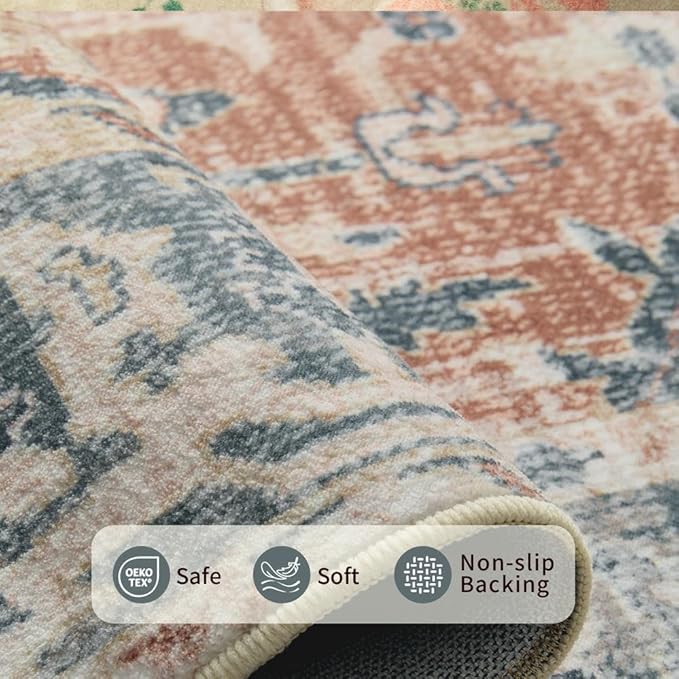 9x12 Area Rugs for Living Room Bedroom, Large Washable Rug, Coral Vintage Retro Boho Rug, Non Slip & Low Pile Faux Wool Thin Carpet for Indoor Dining Room, Kids Room(Coral Blue 9x12ft)