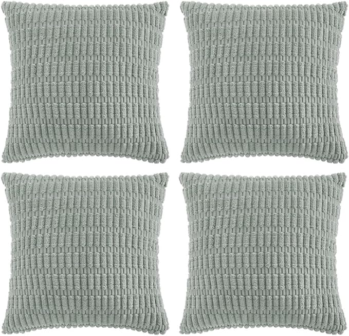 Fancy Homi 4 Packs Grey Blue Decorative Throw Pillow Covers 22x22 Inch for Living Room Couch Bed Sofa, Rustic Farmhouse Boho Home Decor, Soft Striped Corduroy Square Cushion Case 55x55 cm