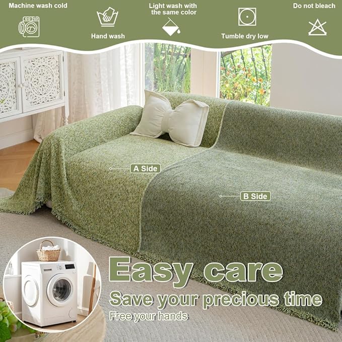 ROOMLIFE Green Sofa Cover, Extra Large Boho Couch Cover Sofa Covers for 3 Cushion Couch, Soft Chenille Sofa Cover for Dog, Washable Furniture Sofa Protector Cover Blanket with Tassel 71 '' X 150''