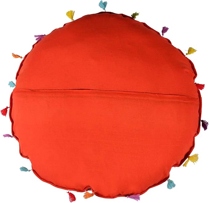 Indian Handmade Patchwork Codework Orange Round Pouf Cover Ottoman Floor Pillow Cushion Seating Throw Decorative Pom Pom Pillow Cases Boho 32 Inches, BFPC0109