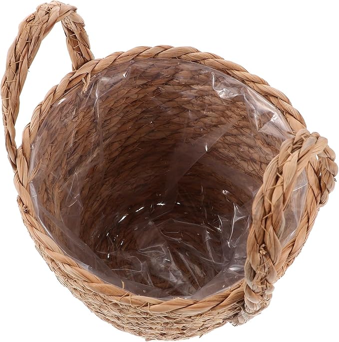 Zerodeko Seagrass Planter Basket Straw Plant Baskets Woven Basket Flower Plant Pot Wicker Plant Containers with Plastic Liner for Indoor Plants Laundry Room 16cm Khaki