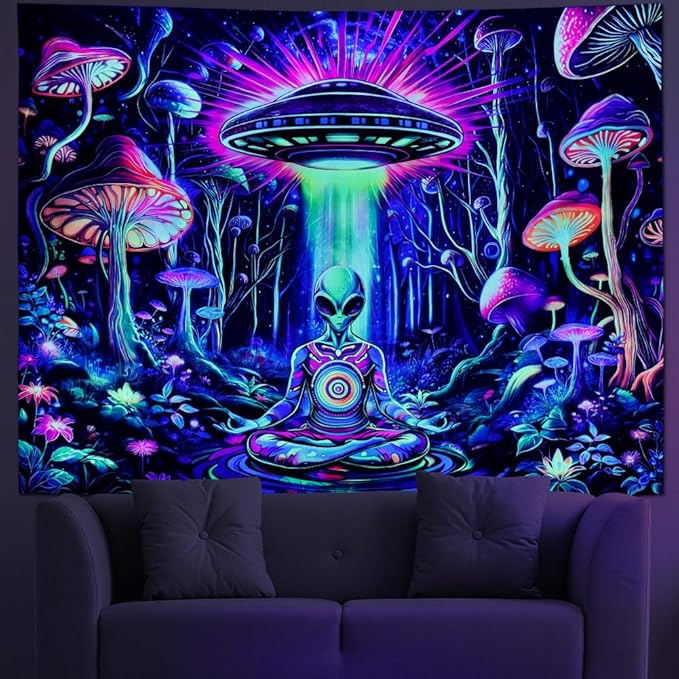 Amonercvita Blacklight Alien UFO Tapestry Neon Mushroom Floral Tapestries UV Reactive Yoga Meditation Tapestry Fantasy Forest Tapestries Wall Hanging Backdrop for Home Decor