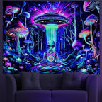 Amonercvita Blacklight Alien UFO Tapestry Neon Mushroom Floral Tapestries UV Reactive Yoga Meditation Tapestry Fantasy Forest Tapestries Wall Hanging Backdrop for Home Decor