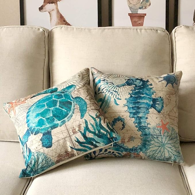 Mediterranean Style Throw Pillow Case Sea Theme Decorative Pillowcases Surtle Octopus Seahorse Whale Coastal Cushion Cover for18 X 18 Inch, 4Pack Nautical Pillow Covers for Summer Beach House Decor