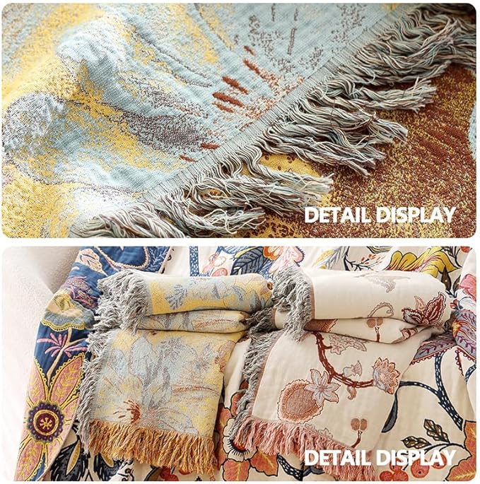 Boho Cotton Throw Blankets for Bed Couch, 100% Soft Cozy Cotton Blanket Rustic Quilt 80"x90",Reversible Muslin Farmhouse Blankets for Armchair,Picnic,Sofa,Couch