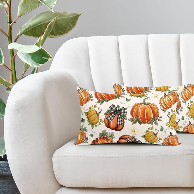 Kawani Fall Lumbar Pillow Covers 12X20 Inch Buffalo Plaid Polka Dot Pumpkins Leaves Decorative Pillow Cases Set of 2 Autumn Harvest Thanksgiving Farmhouse Throw Pillows for Cushion Sofa Couch Outdoor