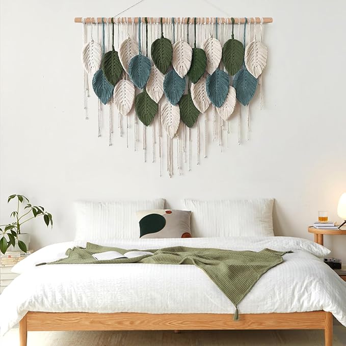 KHOYIME Macrame Wall Hanging Large Boho Home Decor, Bohemian Leaves Tapestry Modern Handmade Yarn Woven Feather Leaf Chic Wall Art Decorations for Bedroom Living Room Nursery Backdrop 39" W X 29.5" L