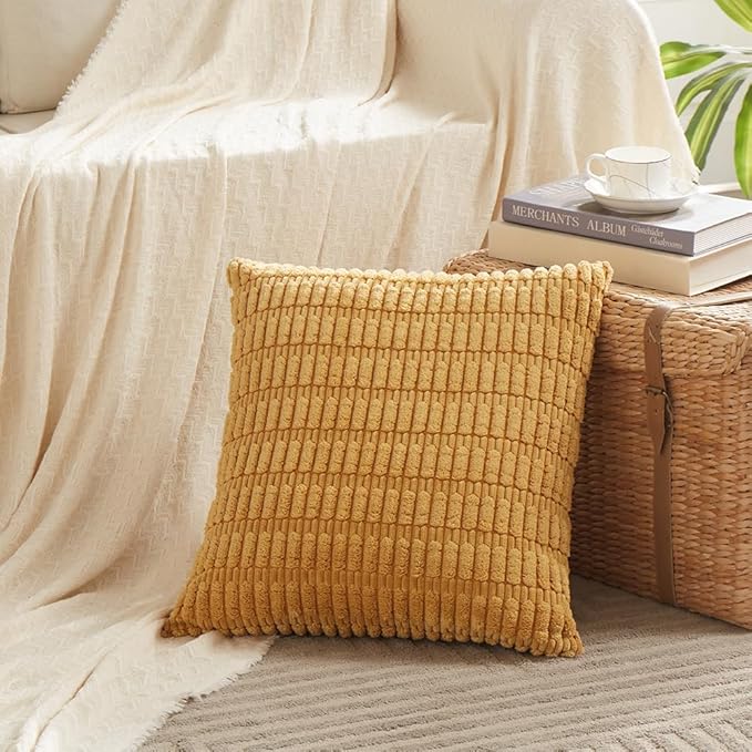 Fancy Homi 4 Packs Mustard Yellow Decorative Throw Pillow Covers 16x16 Inch for Living Room Couch Bed Sofa, Rustic Farmhouse Boho Home Decor, Soft Plush Striped Corduroy Square Cushion Case 40x40 cm