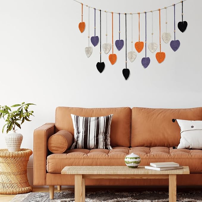 EOBTAIN Macrame Leaf Wall Hanging Large,Boho Purple Orange and Black Leaves Woven Tapestry Halloween Home Decor,Handmade Yarn Tassels Textile Feather Wall Art Decor for Living Room Bedroom