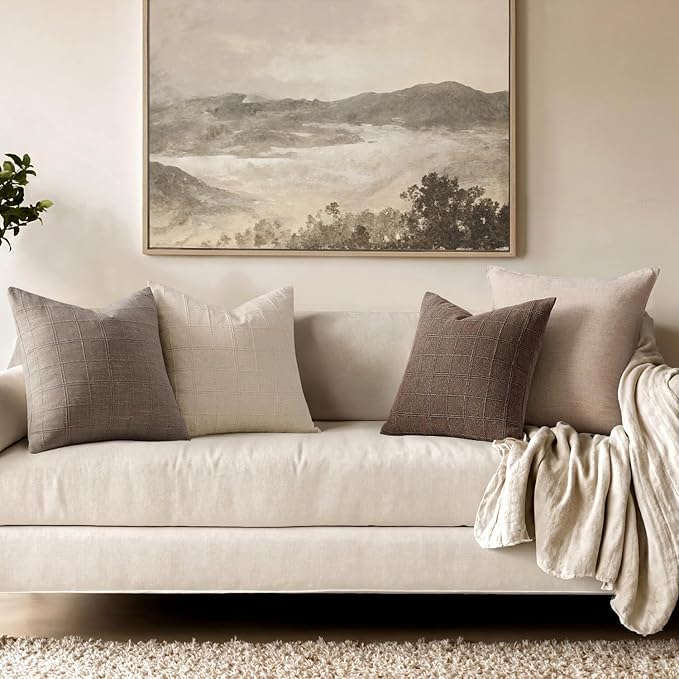 Woaboy Linen Check Throw Pillow Covers Taupe Gray Farmhouse Modern Boho Vintage 22x22 Inch Set of 2 Decorative Cushion Covers for Sofa Couch Bedroom Living Room Home Decor