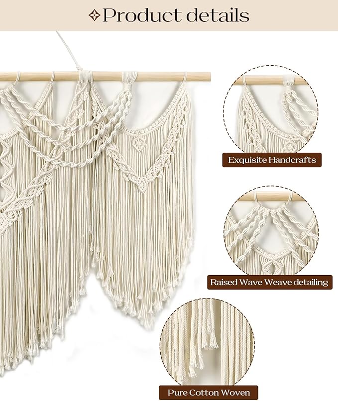 Tempospark Large Macrame Wall Hanging, 43" Wx32 L Boho Wall Hangings for Living Room Bedroom Nursery, Boho Chic Large Macrame Tapestry for Bedroom Wall Decor (Tassel)