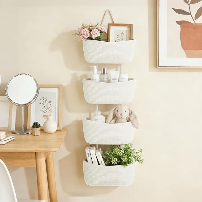 Dahey Over The Door Hanging Basket 4-Tier Woven Boho Wall Mounted Storage Organizer with Hooks for Bedroom Nursery Bathroom Apartments Dorm Pantry Decor, White