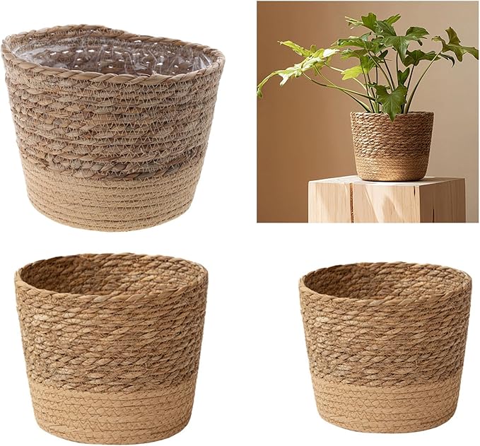 Handwoven Plant Basket, Straw Weaving Flower Basket Woven Storage Baskets Large Plant Pot Container Decoration for Indoor Flower Pots Cover Storage Outdoor Garden Decoration