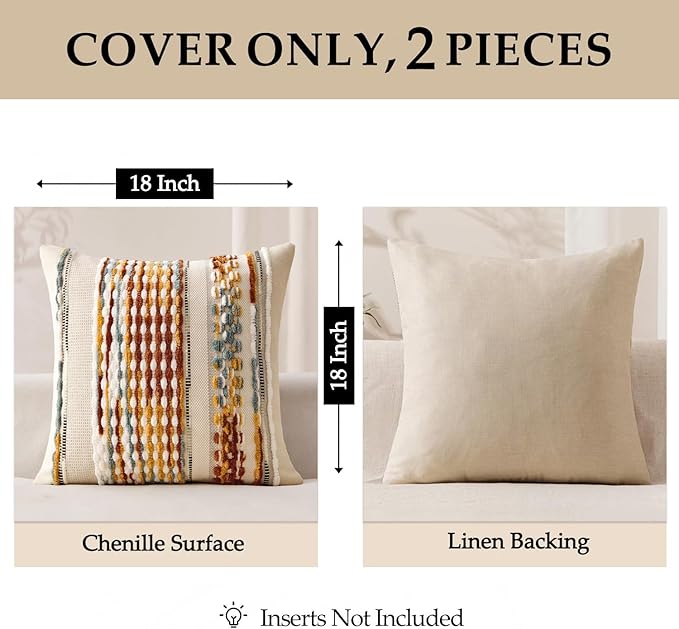 ANRODUO Pack of 2 Boho Decorative Throw Pillow Covers 18x18 Farmhouse Cushion Case Striped Chenille Pillow Cases Square Pillow Covers Accent Neutral Pillowcase for Sofa Couch Bed,Brown Stripe