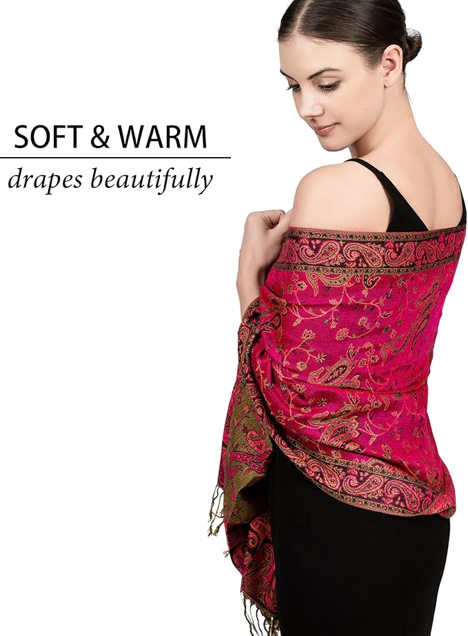 Achillea Reversible Paisley Pashmina Rave Scarf – Exotic Indian Shawls and Wraps for Evening Dresses, Festivals, All Seasons