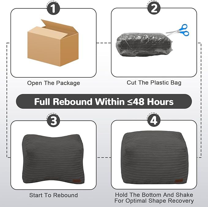 MeMoreCool Square Stuffed Pouf Ottoman Foot Rest, Stripe Furry Floor Pouf Foot Stool with Foam Chunk Filling, Soft Fluffy Stuffed Ottoman Footrest for Living Room, Corduroy Grey
