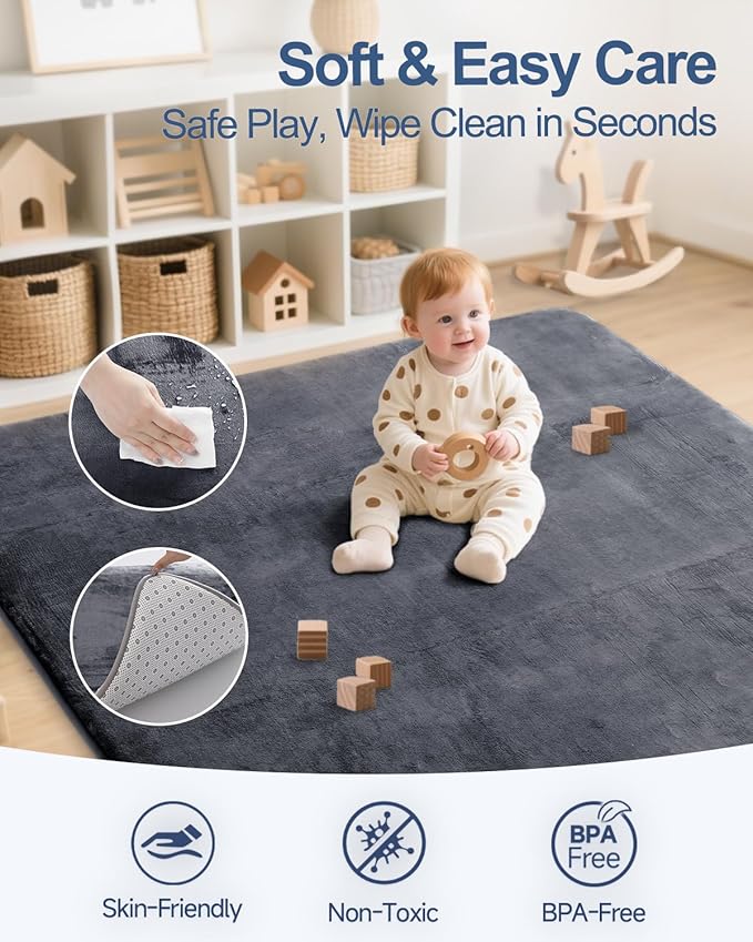 Large Thick Baby Play Mat for Floor,Padded Foam 59x79 Playpen Mat, Soft Support&Plush Feel Nursery Rug,Non Slip for Toddler,Infants,Kids Play,Yoga,Baby Crawling,Tummy Time (Dark Grey)