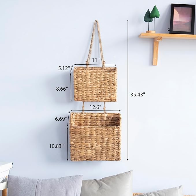 YAHUAN Woven Water Hyacinth Hanging Basket 2-Tiered Storage Baskets Hanging Organizer Hanging Wall Basket for Home,Pantry,Garden, Office Organization (Water Hyacinth)