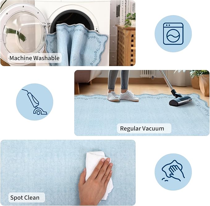 GarveeHome 2.5x8 Valentines Scalloped Washable Runner Rug for Kitchen, Soft Blue Long Hallway Runner Non Slip Entryway Rug Farmhouse Thin Laundry Mat Stain Resistant Carpet for Bathroom Beside Rug