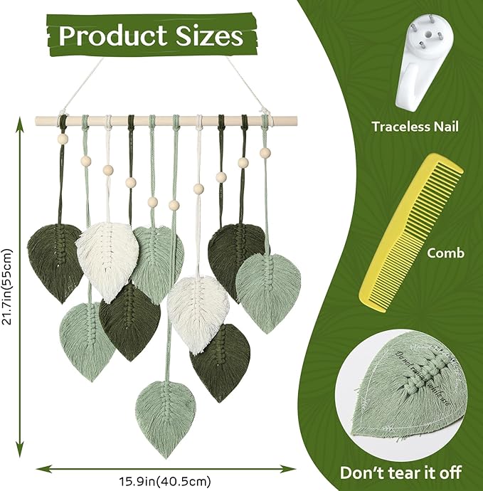 MIPON Macrame Wall Hanging Leaves Decor,Boho Handmade Woven Leaf Tassels Tapestry Gift Ideas for Nursery, Bedroom, Living Room, 15.7 X 28 Inch(Green)