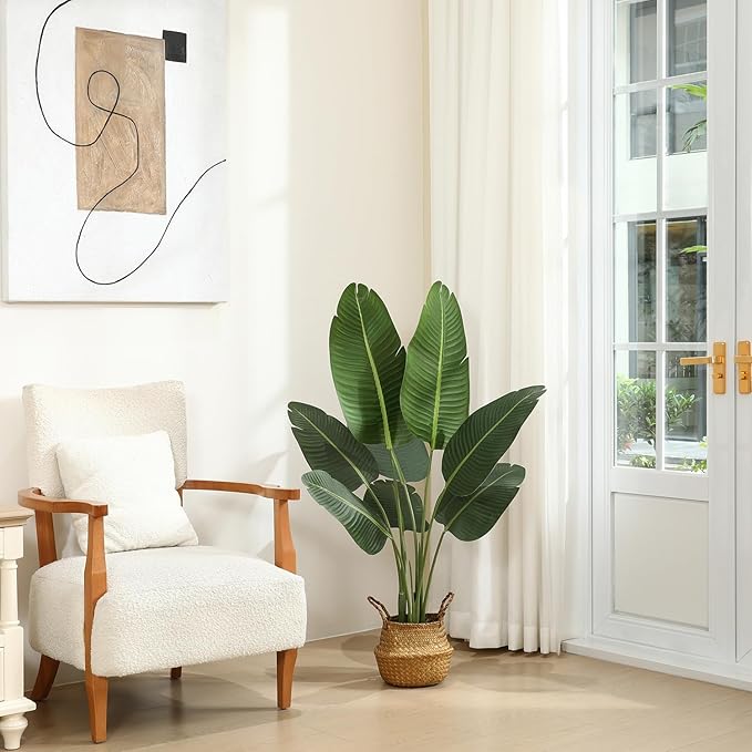 Artificial Bird of Paradise Plants 4 Ft Fake Tropical Tree with Woven Basket, Faux Banana Leaf Plant for Home Indoor Outdoor Office Modern Decor Green 2 Set
