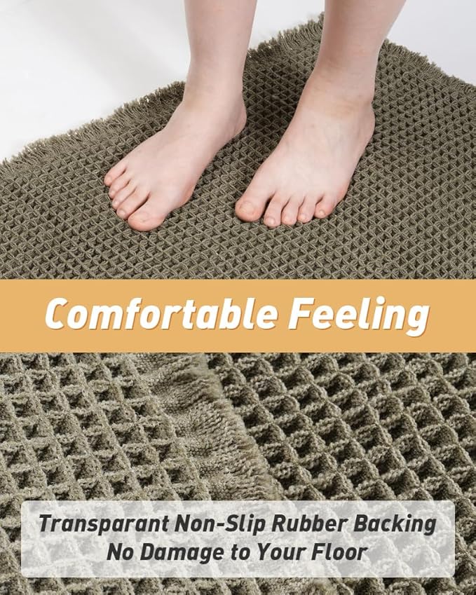 Upgraded Waffle Bath Mat Set of 2, Super Absorbent Non Slip Bath Mats for Bathroom Floor, Washable Boho Bathroom Rugs Set 2 Piece with Tassels, Soft Bathroom Mat Set, 17" x 24" +18" x 30", Green