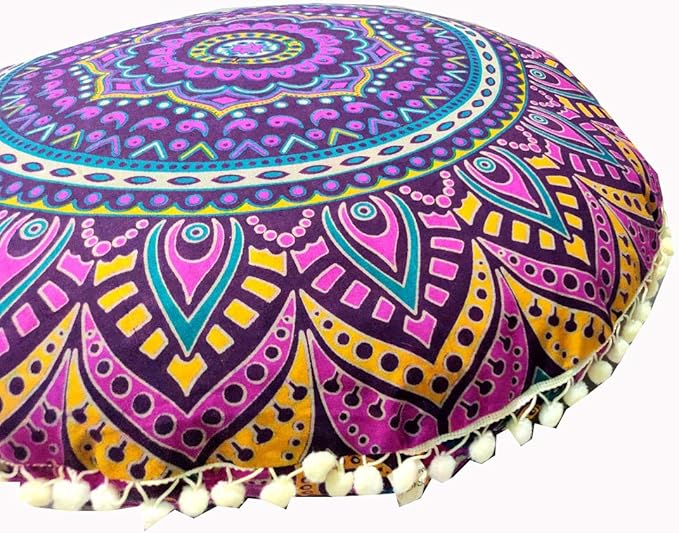 INDIAN CRAFT CASTLE New Pink Ombre 24" Mandala Barmeri Large Floor Pillow Cover Cushion Meditation Seating Ottoman Throw Cover Hippie Decorative Zipped Bohemian Pouf Ottoman Pom Pom Cases 24" Round