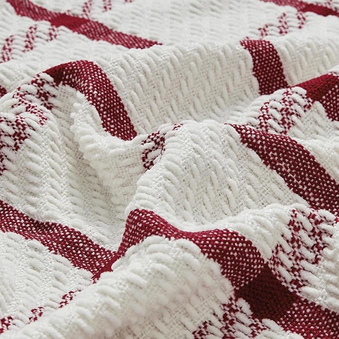 CREVENT 50"X60" Farmhouse Breathable Soft and Warm Chenille Plaid Throw Blanket for Sofa Couch Bed, Home Decoration Throw with Tassles (Red & White)