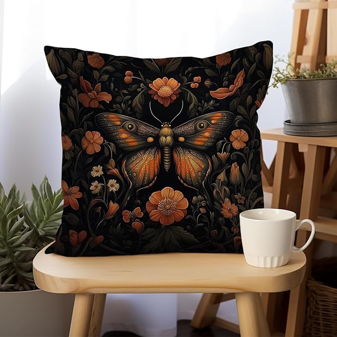William Morris Abstract Vintage Floral Velvet Butterfly Design Throw Pillow Covers Home Decor, Retro Art Decor Pillowcase Cushion Cover for Bed Sofa Living Room, Square 18x18inch (Orange-Butterfly)