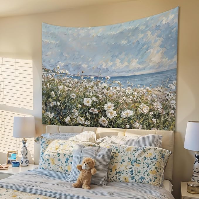 STHTTSW Coastal Wildflower Tapestry, Flower Field Landscape Tapestries Wall Blanket, Preppy Beach Floral Wall Hanging Decor for Teen Girl Women Home Living Room Bedroom, 50x60 Inch