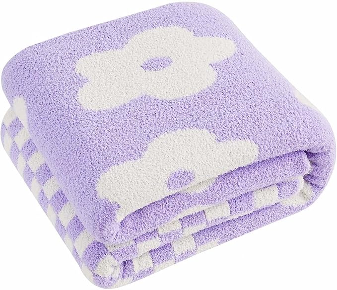 Checkered Throw Blanket, Lavender Flower Blanket for Couch, 50"x60" Soft Plaid Knit Blanket for Home Decor, Reversible Checkerered Blankets for Sofa, Chair, Bed