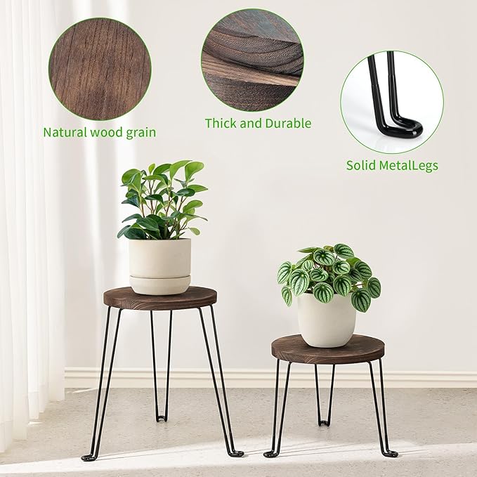 Yangbaga Wooden Plant Stands Indoor: 2Pack 11.81IN Round Planter Stands with Metal Legs,Mid Century Planter Holder for Home Decor,Multi-purpose Plant Table for Living Room/Patio/Garden/Balcony/Office