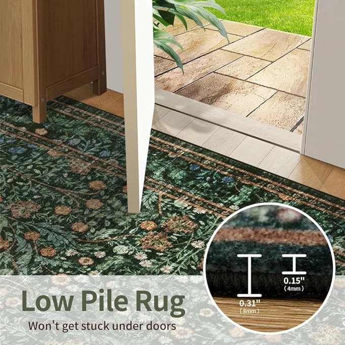 6x9 Area Rugs for Living Room Bedroom, Large Washable Rug, Green Vintage Floral Boho Rug, Non Slip & Low Pile Faux Wool Thin Carpet for Indoor Dining Room and Kids Room(Green 6x9ft)