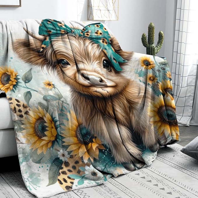 Teal Highland Cow Blanket Girl Gifts Western Farm Animal Sunflower Flannel Fleece Nursery Bed Blankets Soft Lightweight Funny Animal Cow Print Blanket Highland Cow Nursery Bed Decor 30"x40"