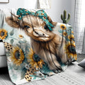 Teal Highland Cow Blanket Girl Gifts Western Farm Animal Sunflower Flannel Fleece Nursery Bed Blankets Soft Lightweight Funny Animal Cow Print Blanket Highland Cow Nursery Bed Decor 40"x50"