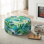 Magpie Fabrics Inflatable Stool Ottoman Pouf D20 xH9, Outdoor Round Footrest Footstool with Foot Pump, Portable for Patio Garden Travel Camping -Green Palm Leaves