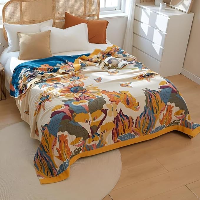 Boho Blanket for Bed 100% Cotton Bohemian Throw Blankets Ultra Soft Woven Muslin Decorative Blankets All Seasons Vintage Quilt Knitted Blanket for Sofa Chair(Yellow, 90"x98")